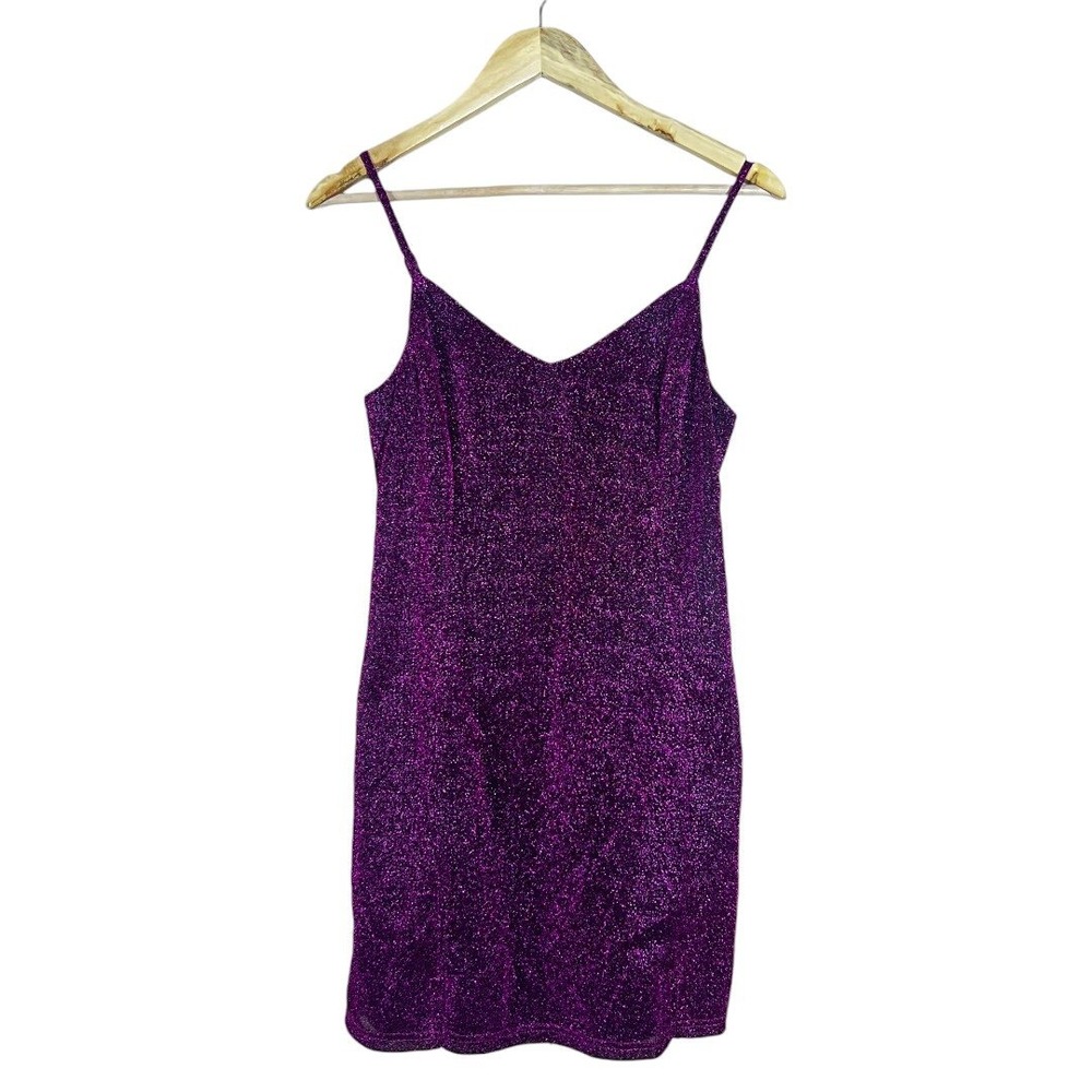 Lulus Glitter Metallic V-Neck Mini Dress Purple Sparkly Party Glam Size M